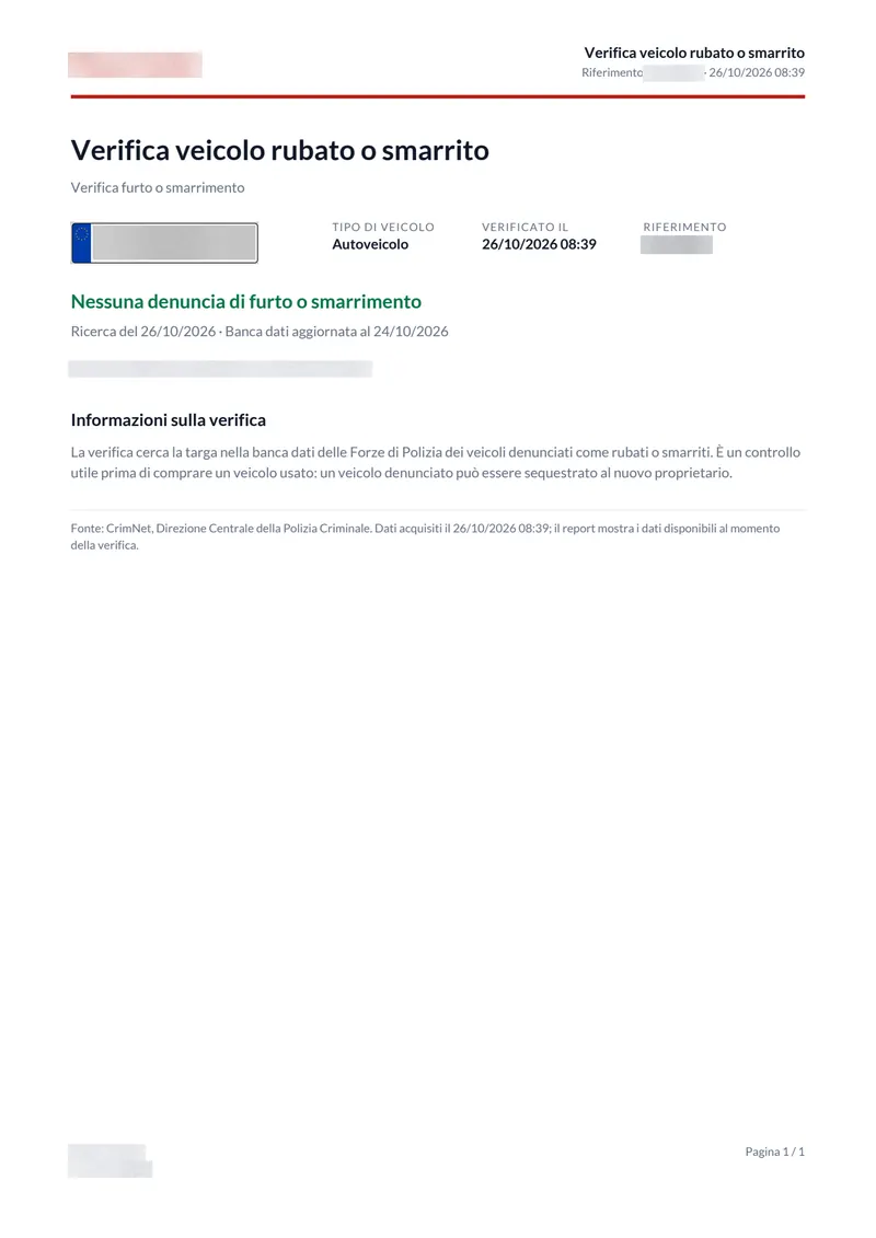 Esempio del documento: Verifica furto o smarrimento