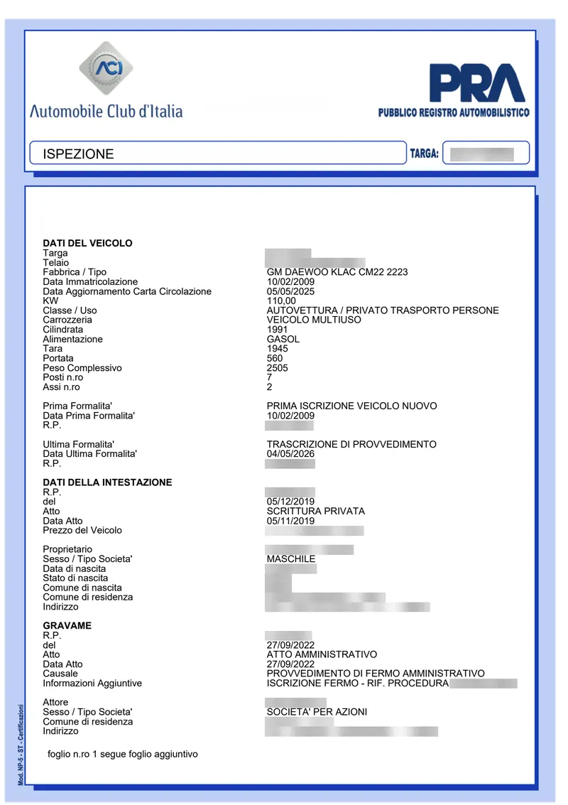 Esempio del documento: Visura PRA